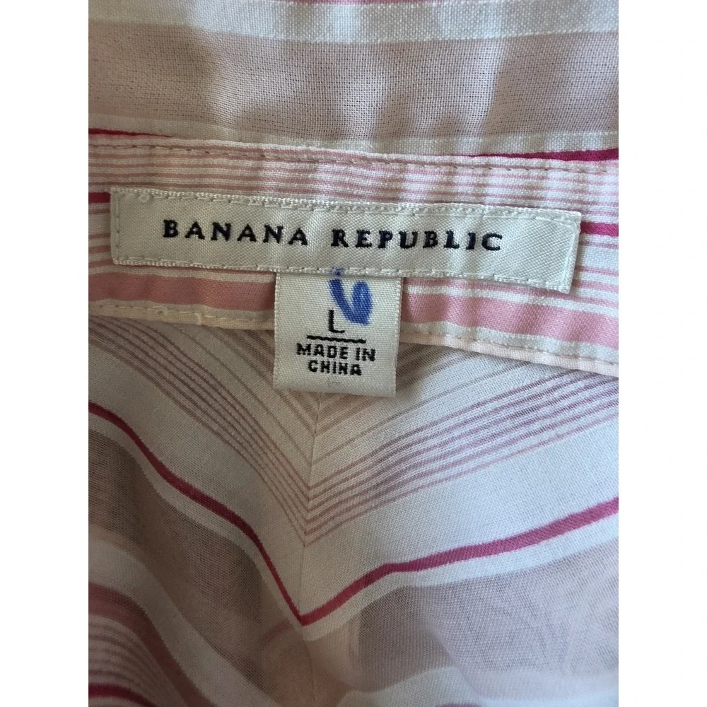 Banana Republic Button-Up Shirt Women L Pink White Striped Long Sleeve Top